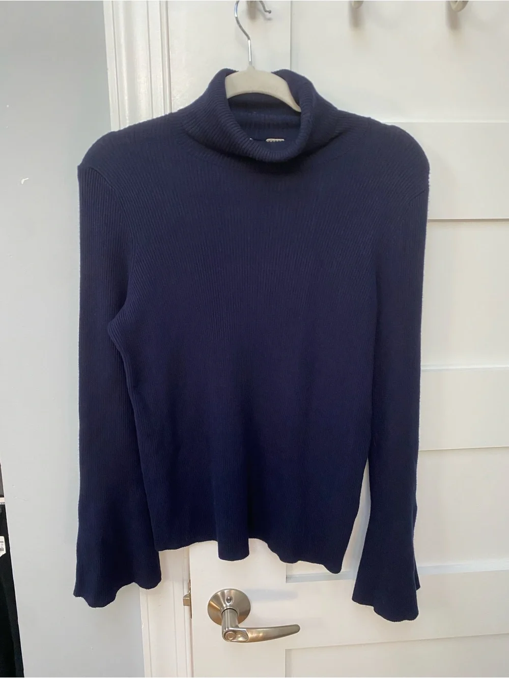 Moth Anthropologie Women's Navy Ribbed Turtleneck Sweater with bell sleeves